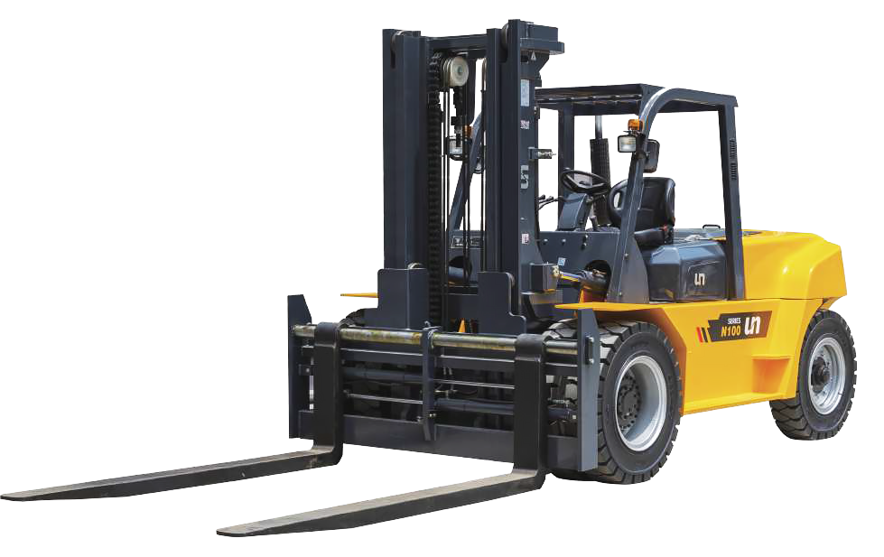 A yellow forklift with the brand name "UN" on the side. It has a black cab, black tires, and a raised mast. The forklift is parked on a gray background.