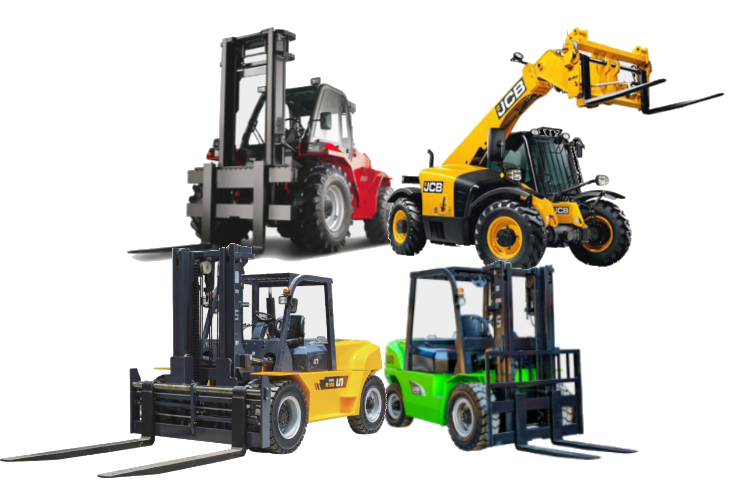 A collage of four different types of forklifts: a rough terrain forklift, a telehandler, a counterbalance forklift, and a reach forklift. The forklifts are shown from different angles and are in different colors.