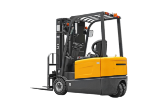 A yellow and black forklift is shown from a rear-side angle. The vehicle has a protective overhead guard, a seat for the operator, and two front forks for lifting and transporting materials. The machine is designed for use in industrial or warehouse settings.