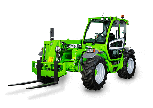 Green Merlo telehandler with large tires, front loading forks, and a protective cab.