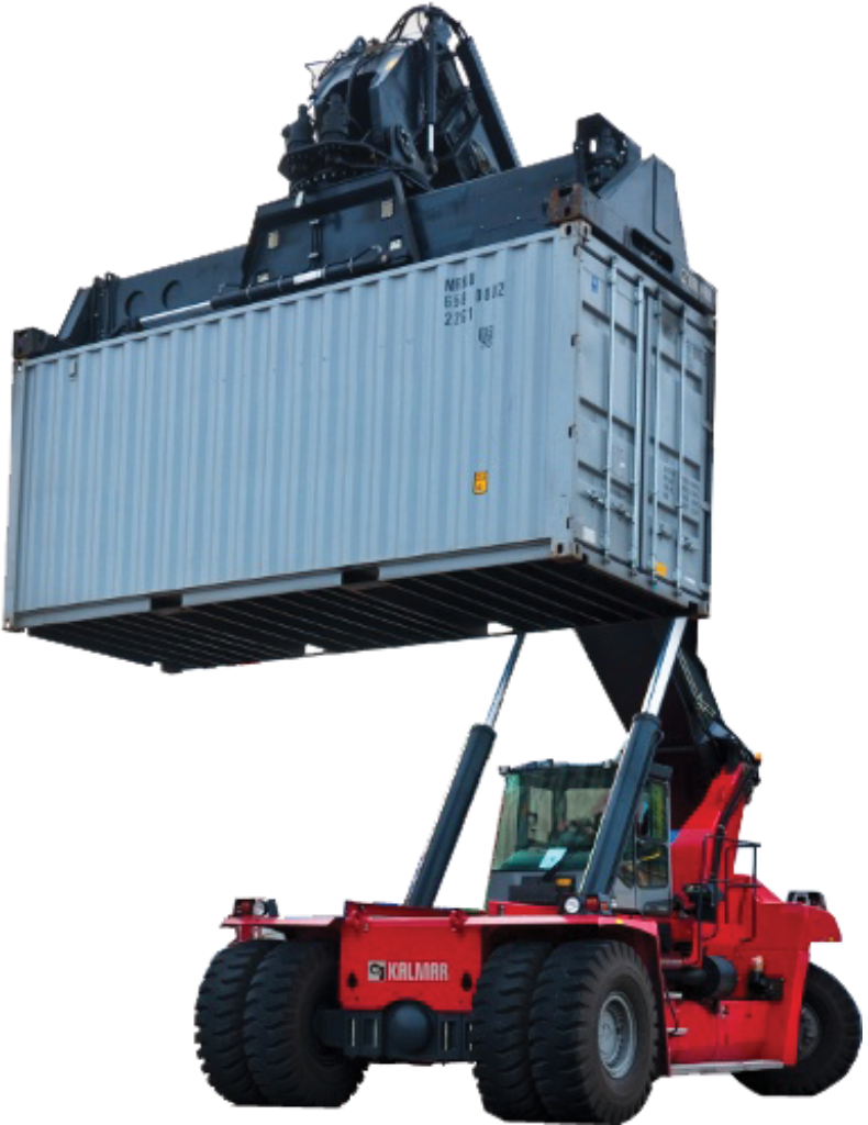 a forklift lifting a container