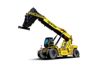 A large yellow Hyster forklift with an extended arm is depicted. The arm has a black attachment for gripping and lifting heavy loads. The vehicle has four large wheels and the operator's cab is visible in front, with windows for visibility.