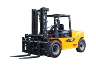 A yellow and black forklift with large tires and a raised mast is shown. The operator's cabin is situated on the right side, complete with a seat, steering wheel, and various controls. The vehicle appears clean and well-maintained, ready for lifting heavy loads.