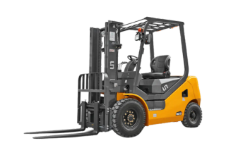 A yellow and black forklift with a protective overhead guard and dual forks is shown from a three-quarter side view. It features detailed tires and control mechanisms, and is designed for lifting and moving heavy materials in industrial settings.