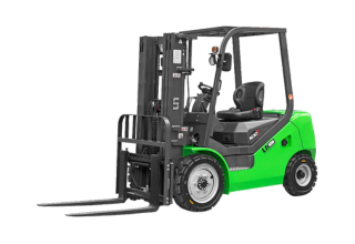 A green forklift with black accents, featuring front forks for lifting and transporting materials. The vehicle has a protective overhead guard, a driver's seat, and large wheels for stability and maneuverability. The image is on a white background.