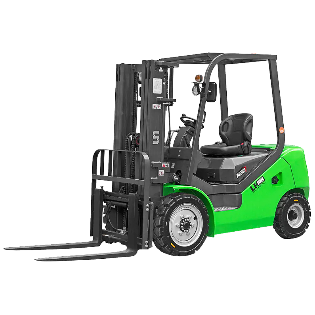 A green and black forklift with a protective driver's cab and two forks at the front, designed for heavy lifting and material handling in industrial or warehouse settings. The vehicle has a visible control system and robust tires, suitable for various terrains.