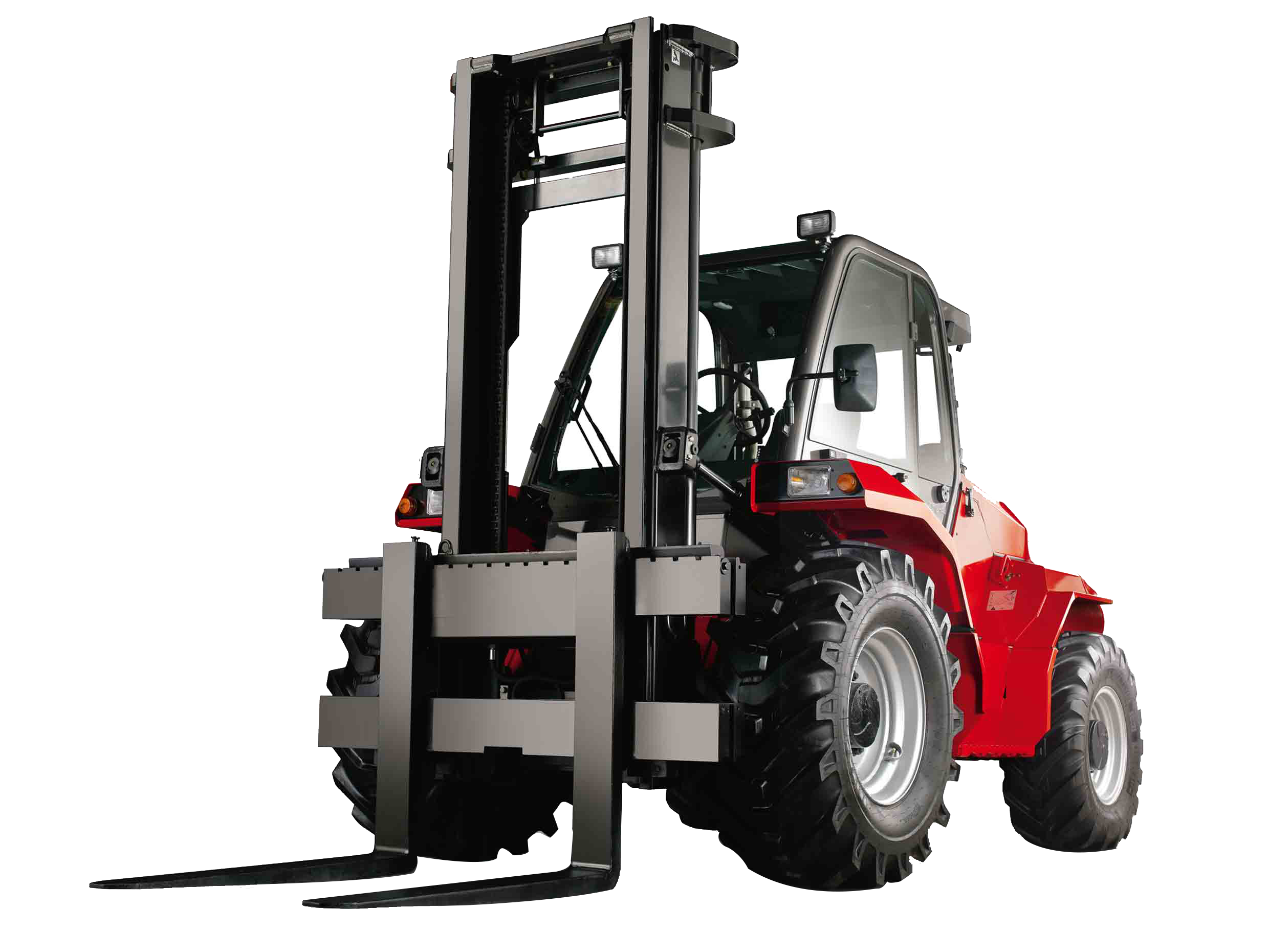 A red Manitou forklift with large, rugged tires, viewed from the front, featuring a robust lifting mast and forks designed for heavy-duty material handling.