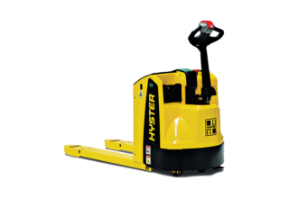 A yellow electric pallet truck with "Hyster" branding is shown. The truck has a control handle with buttons and is designed for moving heavy palletized loads in warehouses or industrial settings. Sporting compact design, it features wheels for mobility.