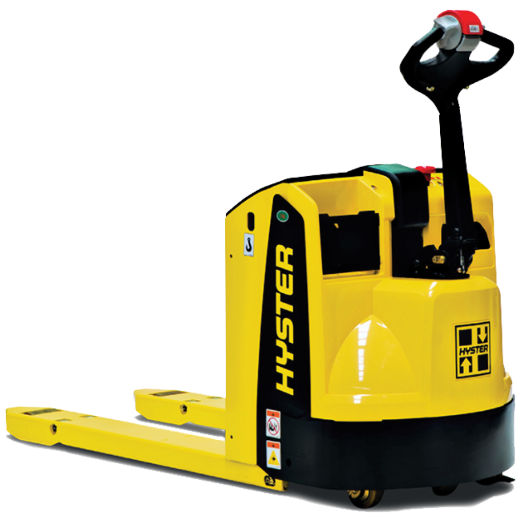 A yellow Hyster electric pallet jack with black details and handle. It features branding and safety labels, with two long forks for lifting and moving pallets. The control handle includes buttons for maneuvering and an emergency stop.