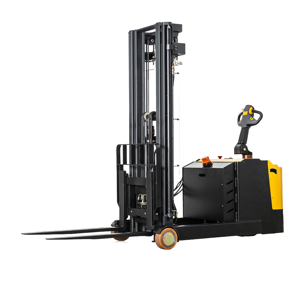 A compact electric pallet stacker with a tall lifting mast, featuring a control handle for maneuvering and two extended forks designed for efficient material handling in warehouses or tight spaces.