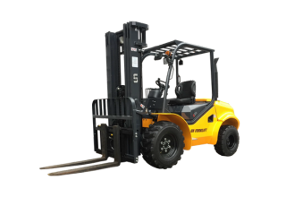 A yellow industrial forklift with black forks and details. It has large, rugged tires and is set against a white background. The forklift features a protective overhead guard and a spacious operator cabin.