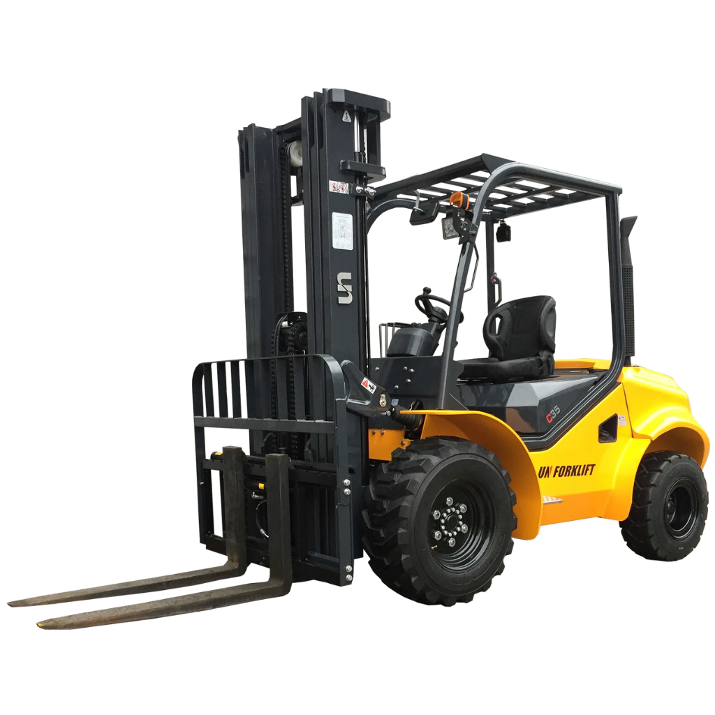 A yellow and black forklift with two large front forks and an overhead guard. The vehicle is equipped with a seat, steering wheel, and operational controls. The forklift is positioned at a slight angle, showing its robust tires and lifting mechanism.