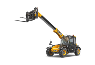 A yellow and black JCB telehandler with an extended telescopic boom and fork attachment on a white background. The machine has large tires and the cabin visible, designed for heavy lifting and material handling tasks.