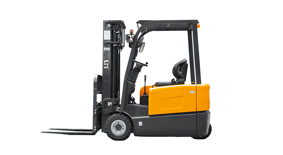 A bright yellow and black industrial forklift is photographed from the side against a white background. It has dual front tires, a protective overhead guard, and raised forks at the front for lifting and moving heavy materials.